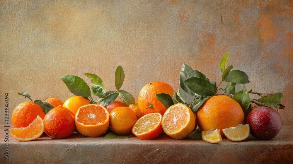 Poster Vibrant display of assorted citrus fruits arranged on a textured background showcasing their colors and natural beauty.