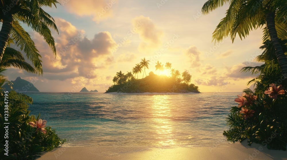 Aufkleber tropical beach landscape at sunset with distant island and lush palms offering serene atmosphere and