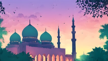 Serene sunset illustration featuring a majestic mosque framed by lush palm trees and a vibrant, pastel sky.