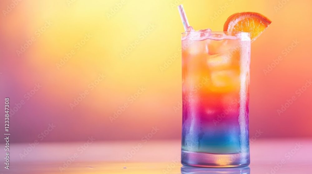Poster vibrant colorful cocktail in a glass with ice and citrus garnish on a bar counter against a gradient
