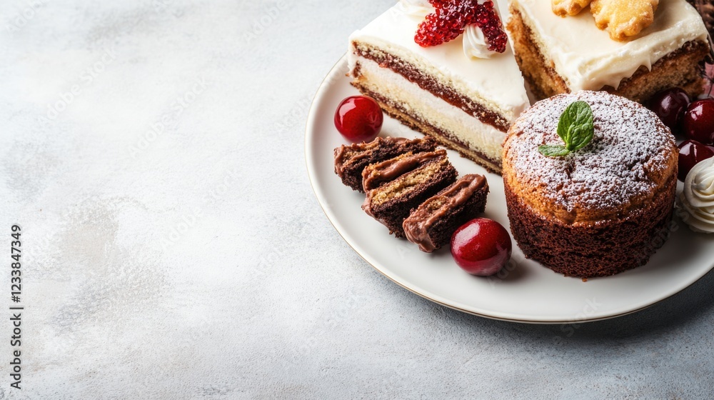 Poster traditional dessert platter with napoleon cake kyiv cake bishop cake and cherry dumplings on a plate