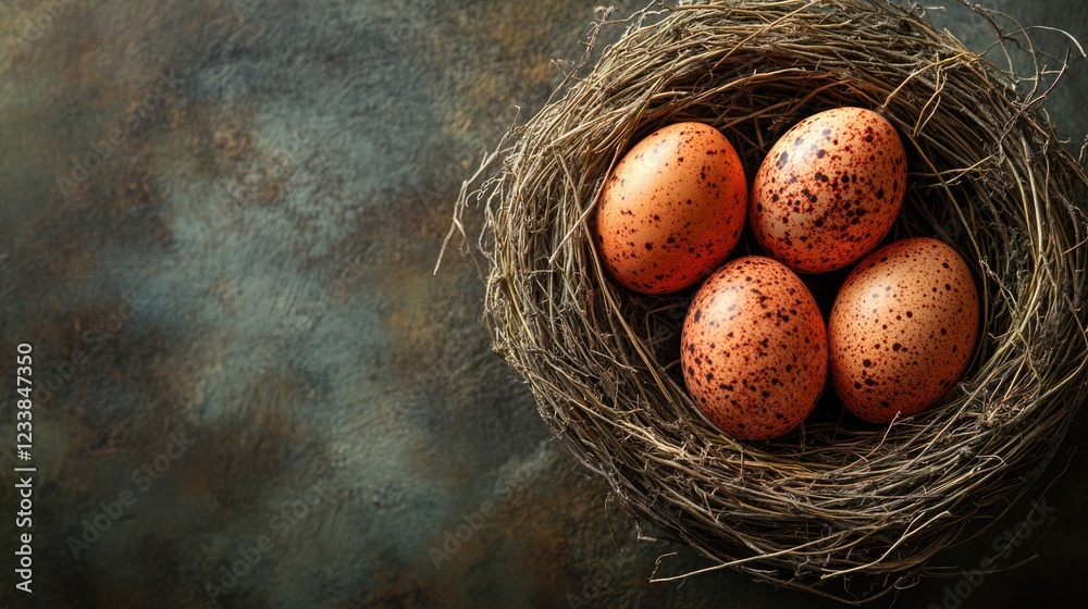 Poster Top view of decorated Easter eggs nestled in a rustic straw nest on textured surface with ample copy space for seasonal greetings or messages