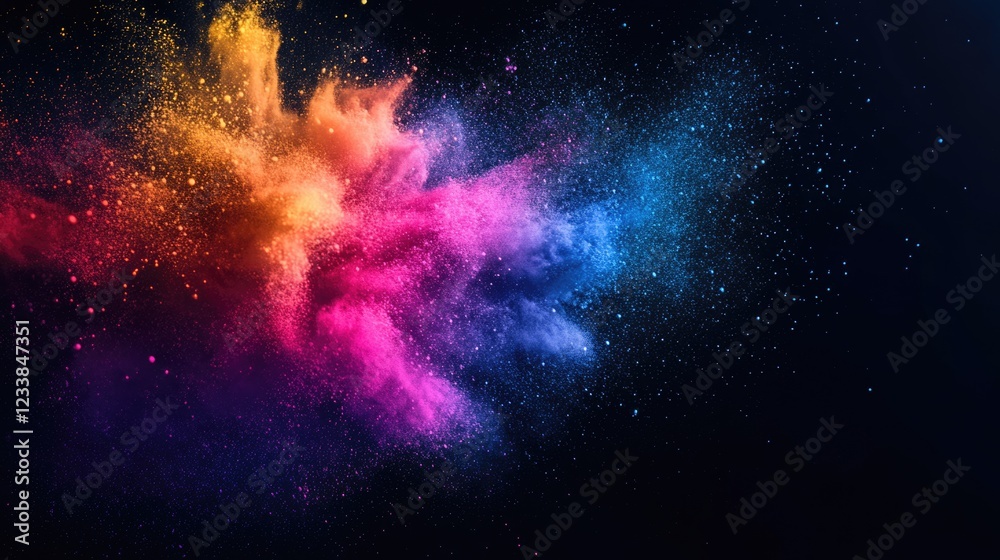 Aufkleber Colorful Powder Explosion on Black Background Creating Dynamic Visual Effects for Text or Image Overlay