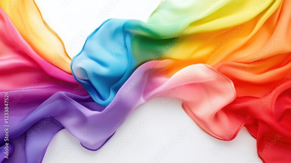 Poster vibrant flowing rainbow fabric on white background creating a colorful backdrop with ample space for