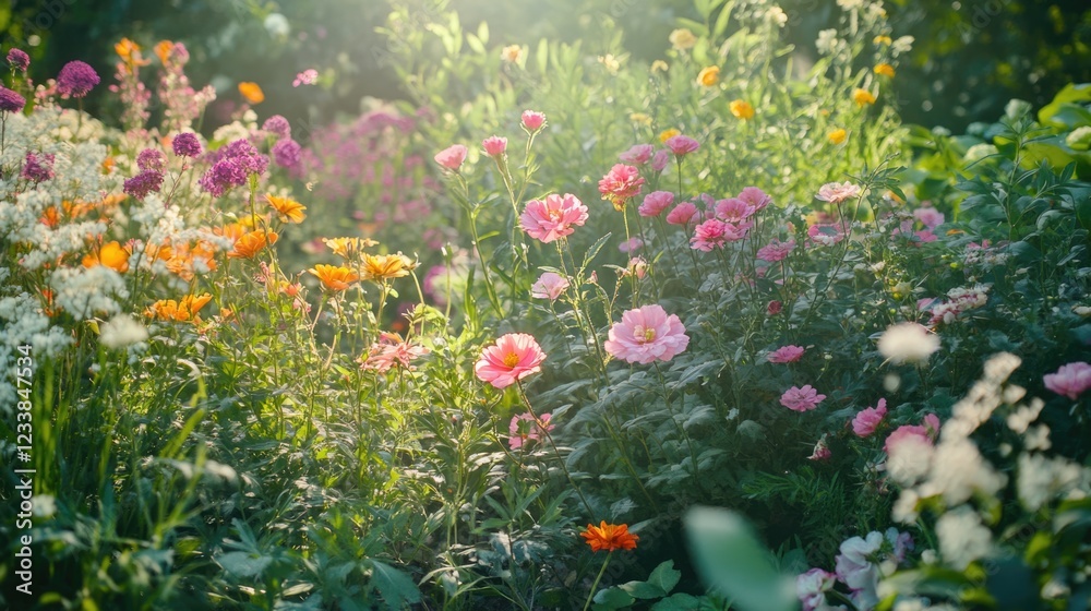 Poster vibrant close-up of colorful flowers in a lush garden under sunlight with bright greenery and ample 