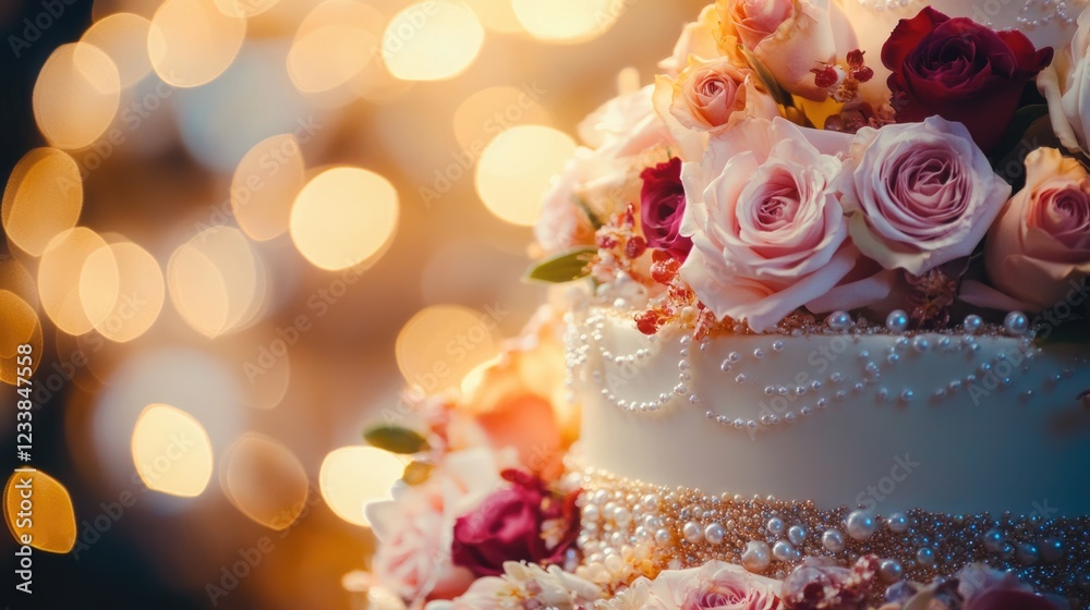 Poster Close up of an elegant wedding cake adorned with beautiful flowers and pearls set against a soft bokeh background with space for text.