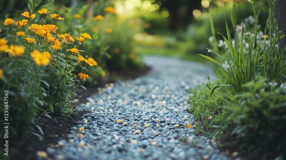 Poster colorful flowers flanking a serene garden pathway with ample space for text overlay