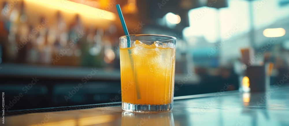 Aufkleber Refreshing glass of orange juice with ice and straw on cafe bar counter with drinks in background and ample copy space for text decoration