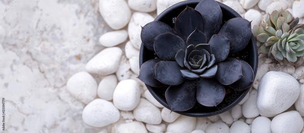 Aufkleber black succulent in a round vase with white pebbles creating a stylish indoor plant decor concept fea
