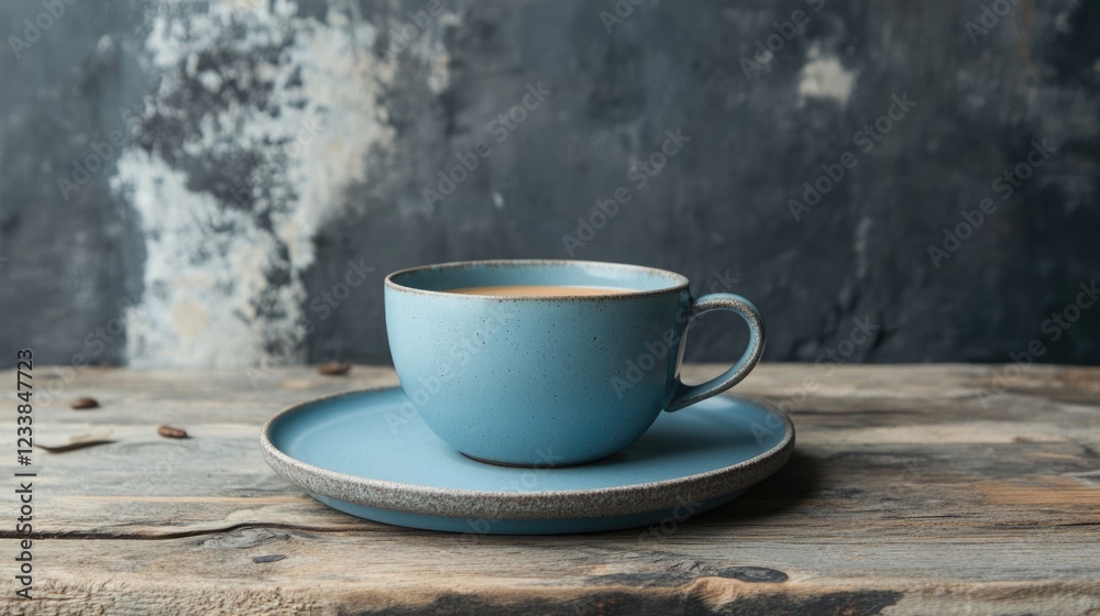 Poster cup of coffee in a blue ceramic mug on a rustic wooden table with empty space for text and coffee be