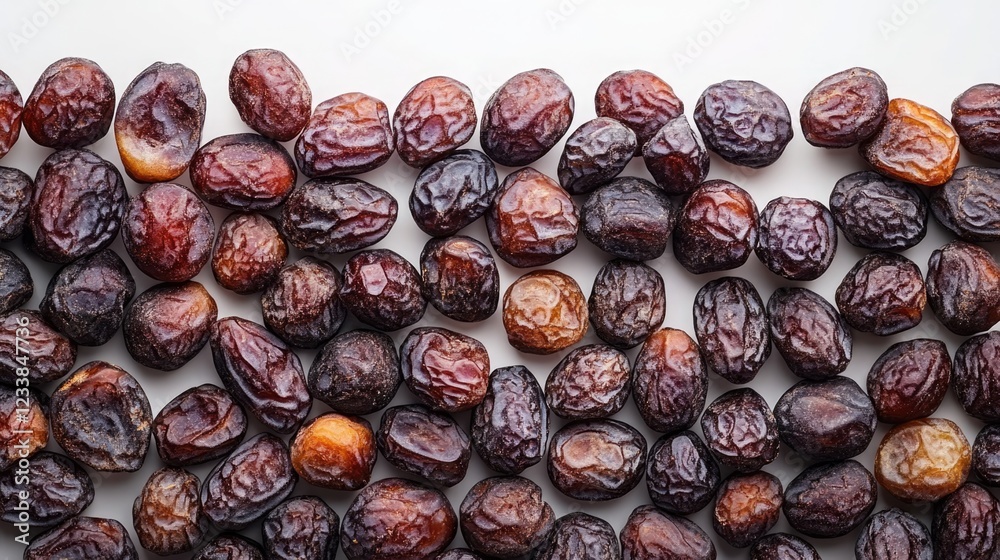 Aufkleber Top view of assorted dried dates on white background showcasing natural textures with ample blank space for text or design elements