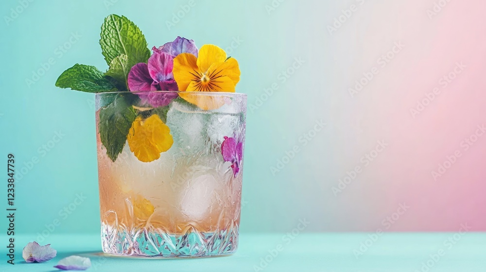 Poster refreshing floral cocktail with ice mint leaves and edible flowers against a soft gradient backdrop 