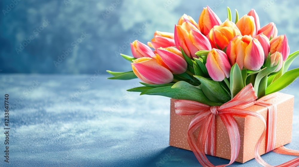 Aufkleber Spring tulip bouquet in gift box with ribbon bow on soft blue background creating a joyful and vibrant celebration scene