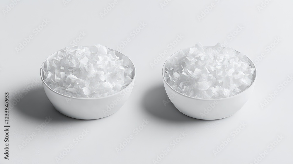 Poster Two white bowls filled with shredded paper on a minimalistic background for creative design and mockup purposes.