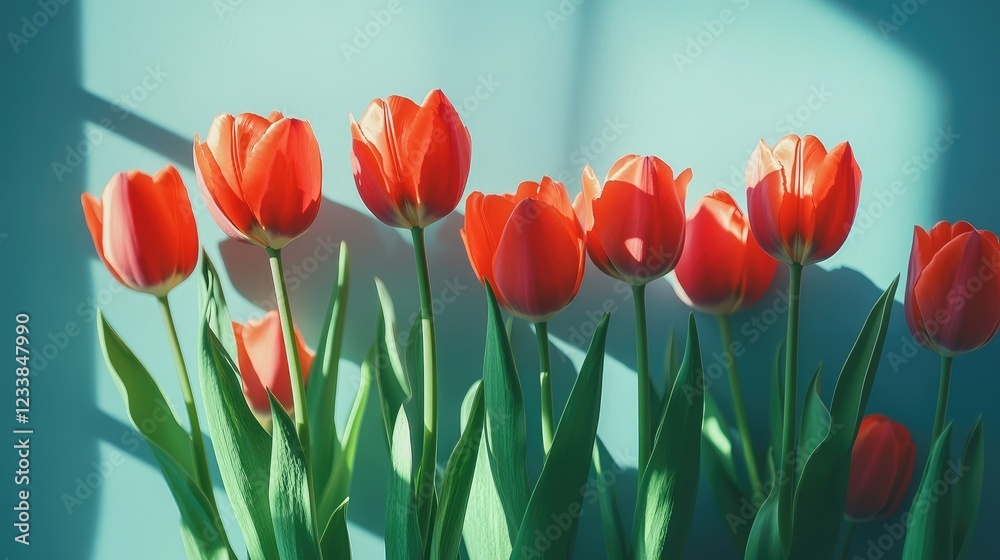 Aufkleber vibrant red tulips against a soft blue background creating a cheerful spring atmosphere with gentle 