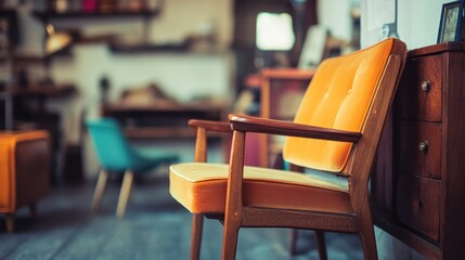 Vintage Furniture Display in Thrift Store with Empty Space for Custom Text or Branding