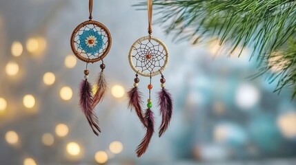 Obraz premium Decorative dreamcatchers with colorful feathers and beads against a soft blurred background creating a serene and dreamy atmosphere