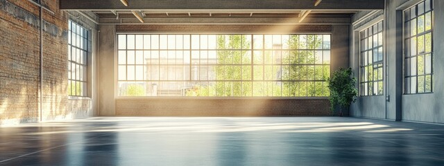 Spacious industrial warehouse interior showcasing large factory windows and abundant natural light with ample space for text placement