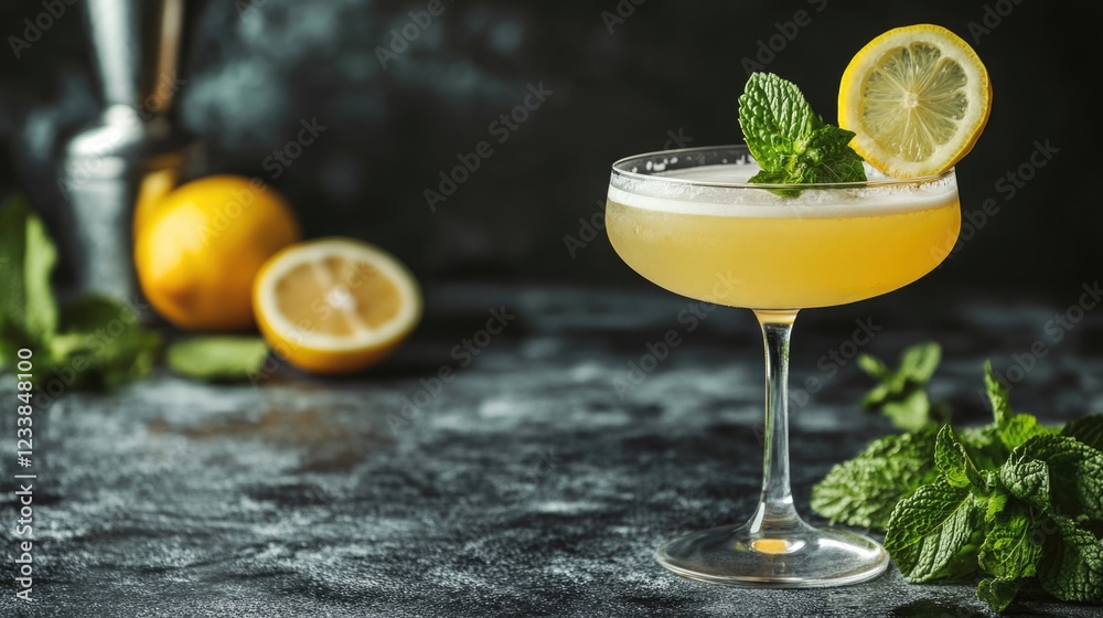 Aufkleber vibrant cocktails with lemon and mint garnishes on a dark background with empty space for text or br