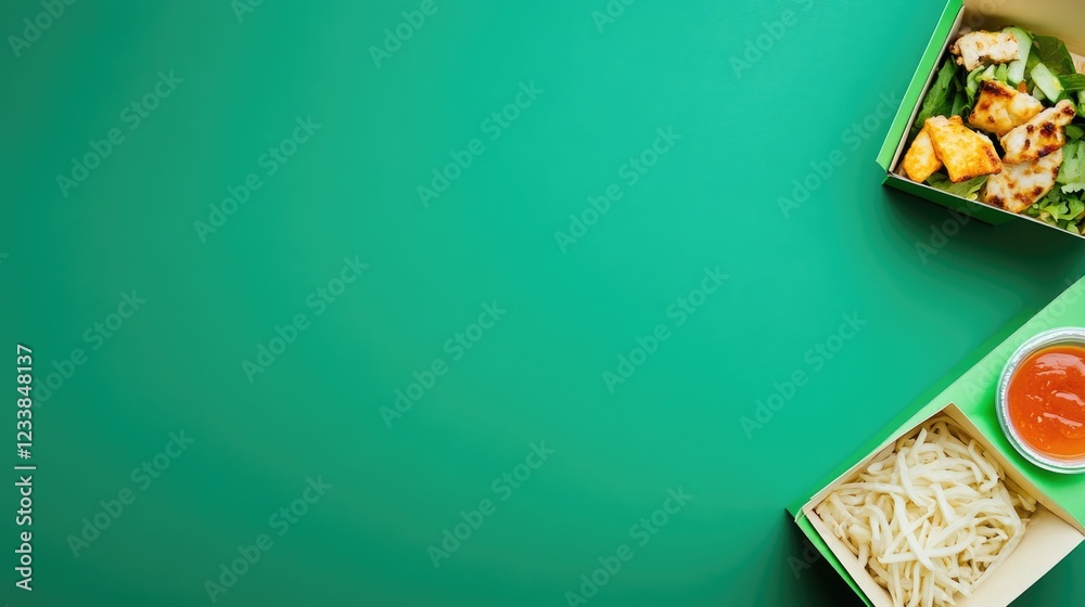 Aufkleber Top view of two colorful takeaway food boxes on vibrant green background with blank space for text or advertising purposes