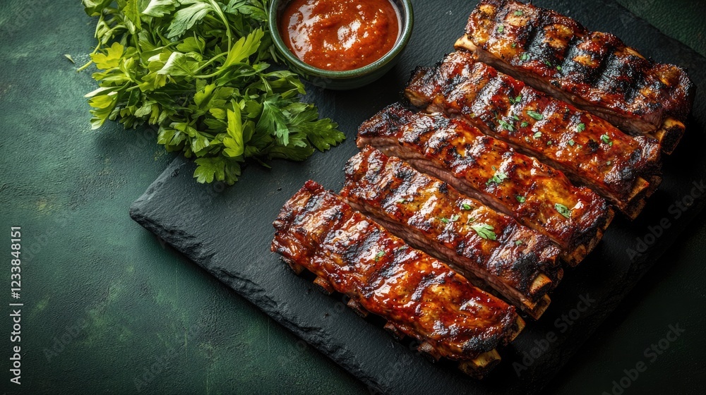 Poster grilled lamb and pork ribs on a dark green background with fresh herbs and dipping sauce creating an