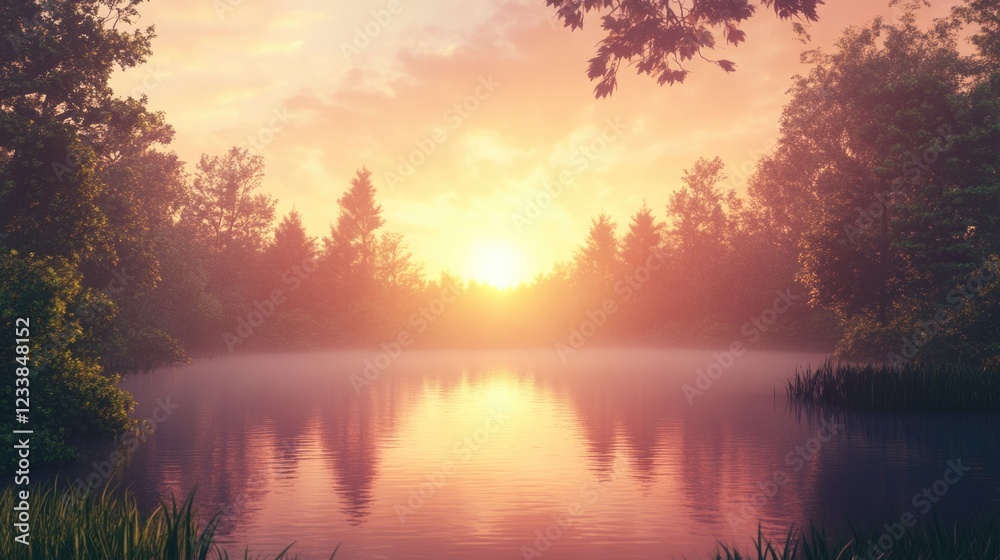 Aufkleber serene sunset reflection over calm lake surrounded by lush woodlands with clear space for text and d