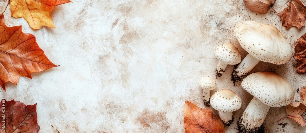 Poster cave mushrooms bolete family imleria badia fungi with autumn leaves and empty space for text in fore