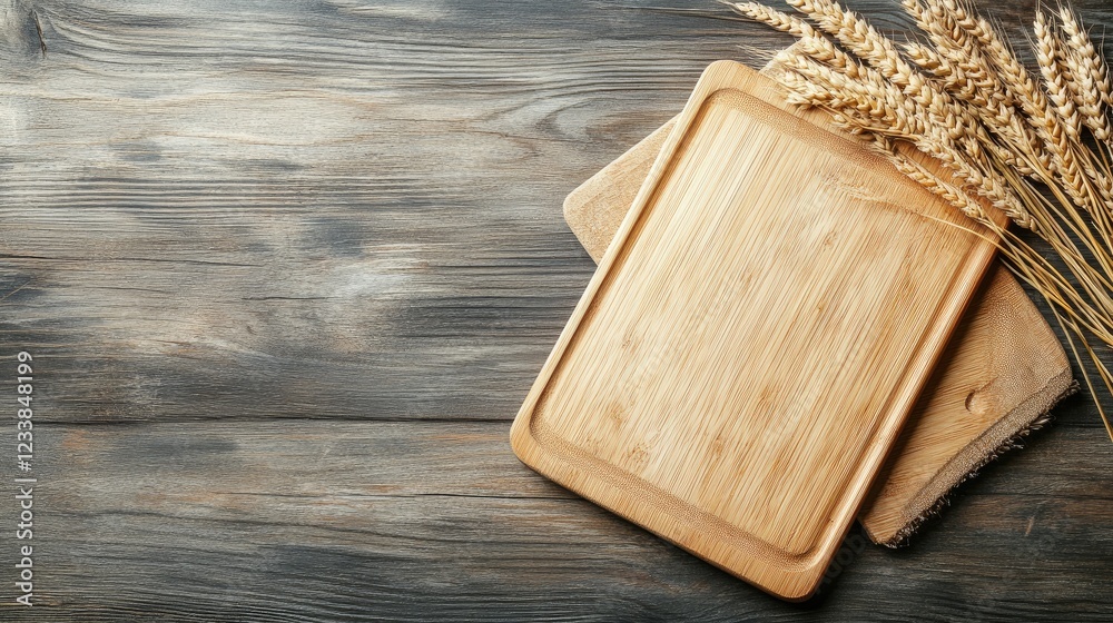 Poster Empty wooden cutting boards with wheat ears on a rustic table top view culinary background for food preparation and styling concepts