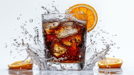 Cola drink with ice and orange slices, splashing water. Use for beverage ads, summer drink recipes, and refreshing food photography.