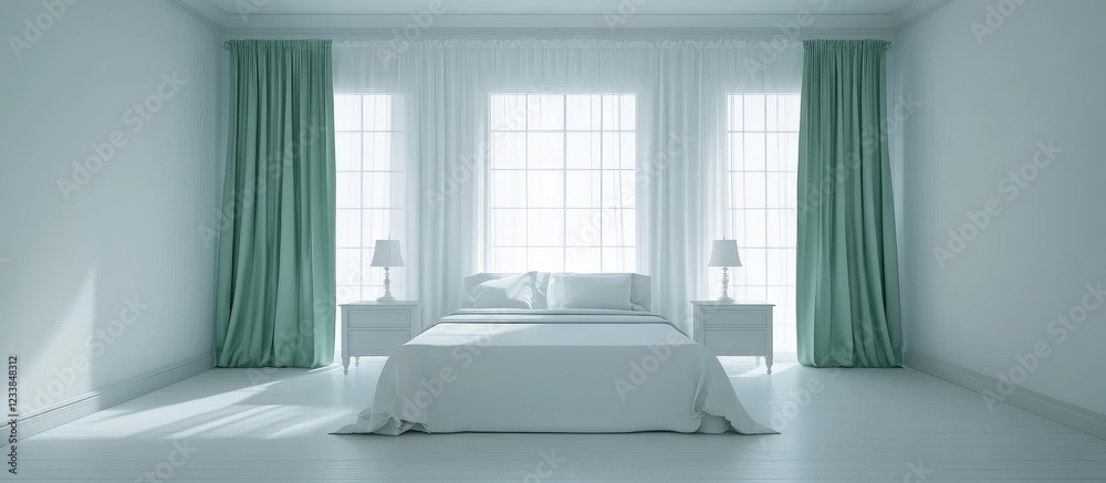 Poster minimalist white bedroom design with green curtains and lamps offering a serene atmosphere and ample