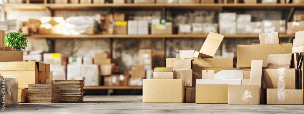 Poster warehouse filled with stacked recycled cardboard boxes and packages with ample empty copy space for 