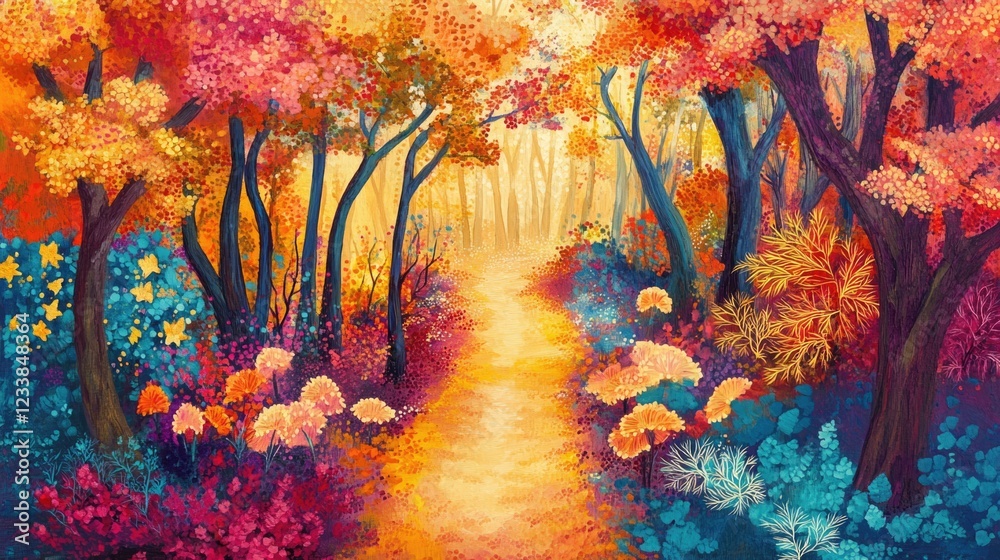 Poster vibrant autumn forest pathway surrounded by colorful foliage ideal for text overlay or nature-themed