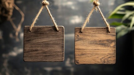 Empty wooden signs suspended by ropes against a blurred background for customizable signage or promotional messaging.