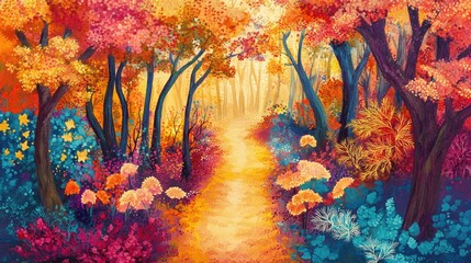 Vibrant Autumn Forest Pathway Surrounded by Colorful Foliage Ideal for Text Overlay or Nature-Themed Background Use