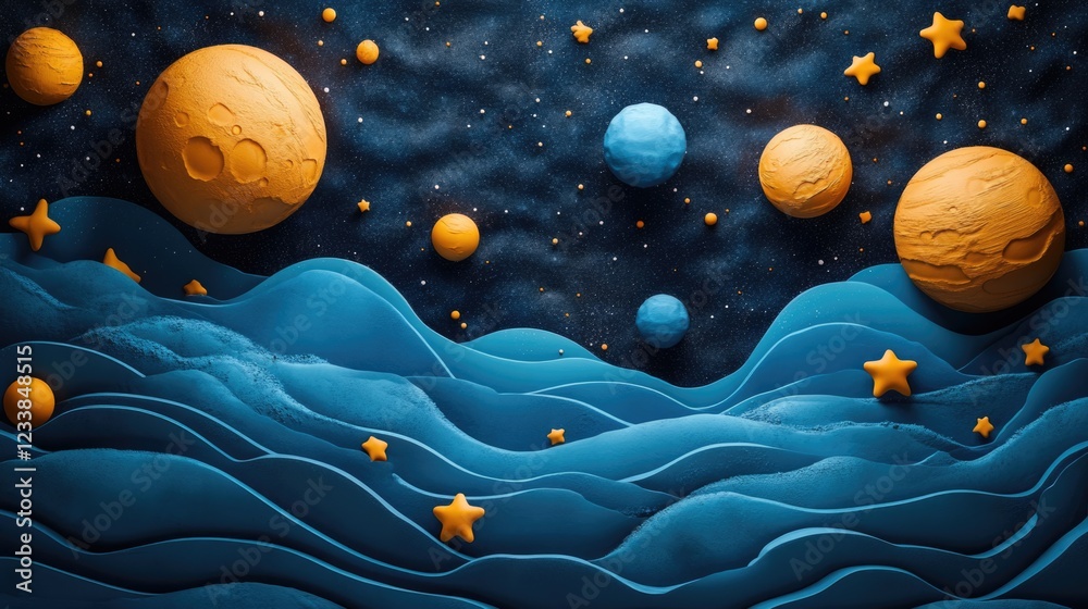 Poster colorful 3d illustration of planets and stars in outer space with textured waves suitable for backgr