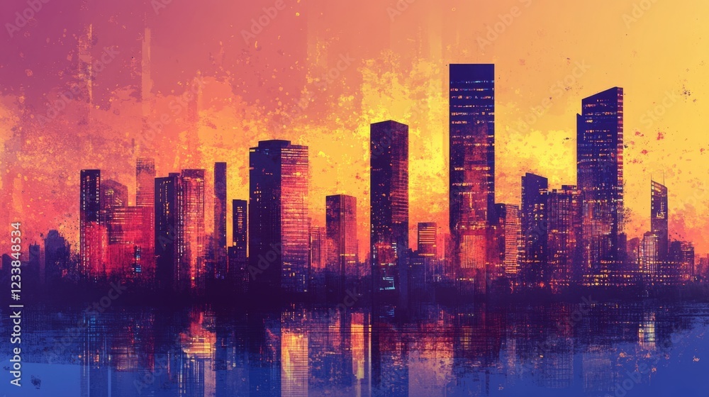 Poster surreal cityscape at sunset with towering skyscrapers and vibrant colors ideal for text overlay