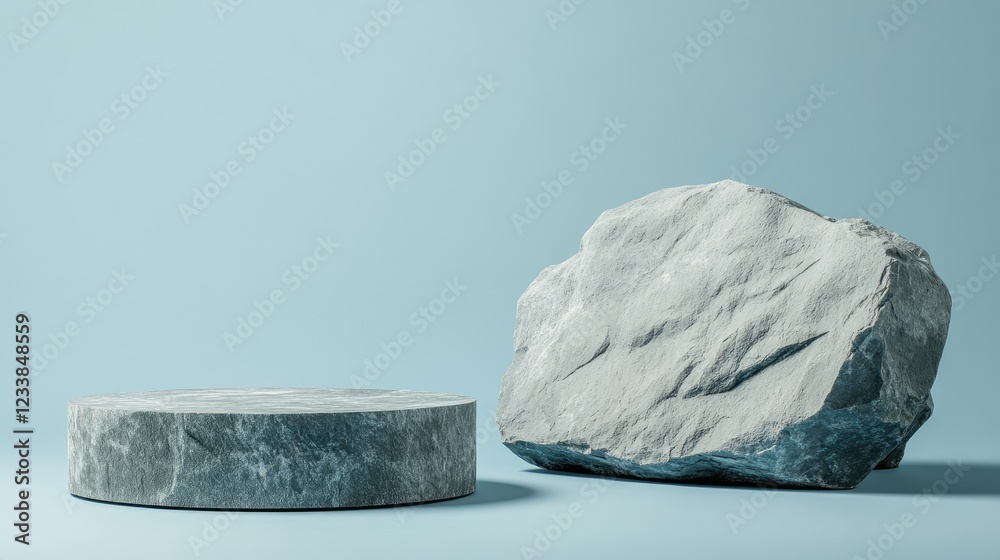 Poster Minimalist studio setting featuring two empty rock podiums against a light blue backdrop ideal for product display or artistic presentations.