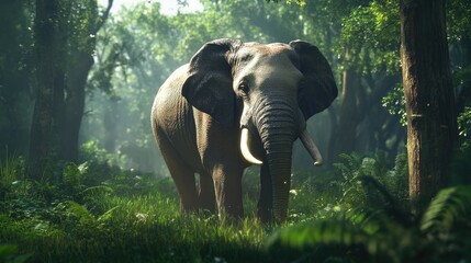 Fototapeta premium Majestic Elephant in Lush Forest Habitat Natural Wildlife Scene