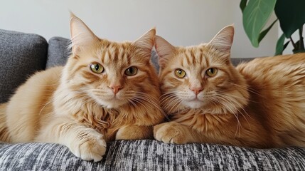 Adorable close-up of two fluffy orange cats relaxing together on a cozy couch, showcasing their affectionate bond and playful expressions.