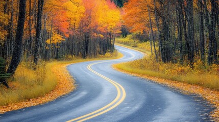 Fototapeta premium Winding road lined with vibrant autumn trees showcasing colorful foliage in a serene forest landscape