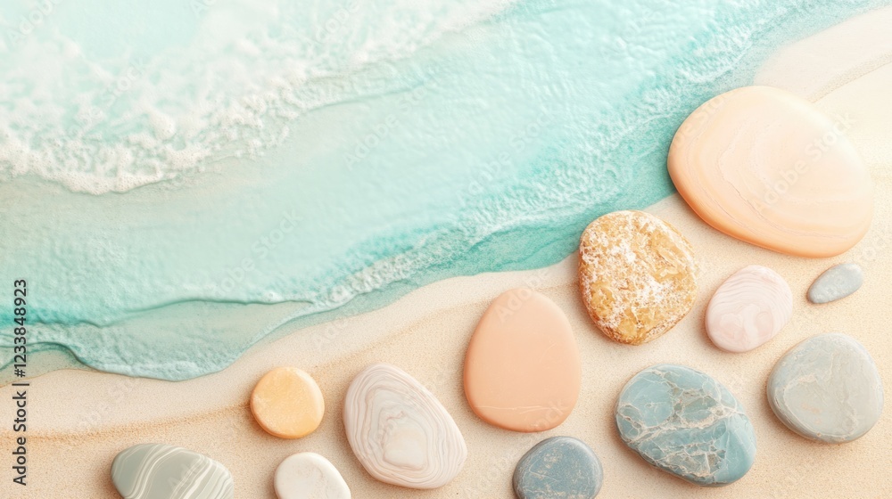 Poster tranquil beach scene featuring pastel colored stones on soft sand with calming ocean waves and empty