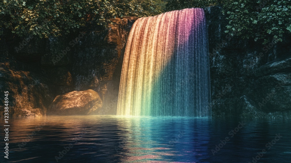 Aufkleber Tranquil landscape featuring a cascading waterfall flowing into a serene rainbow pool with ample space for text overlay.