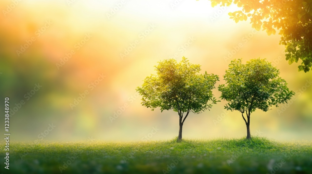 Poster Tranquil forest scene featuring two trees in soft focus against a misty background at dawn with ample space for text or branding.
