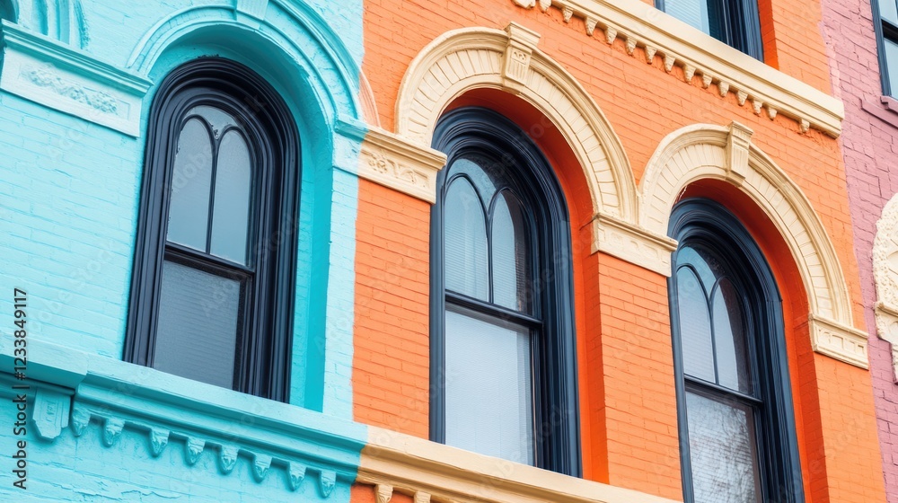 Aufkleber colorful colonial architecture with unique window designs and blank space for text integration