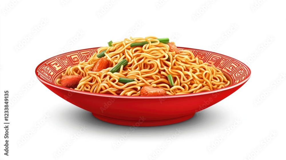 Poster traditional chinese big plate of mixed noodles with fresh ingredients and empty space for text or br
