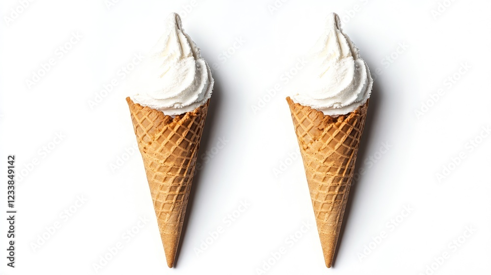 Poster delicious ice cream cones on white background showcasing summer indulgence with minimalistic aesthet