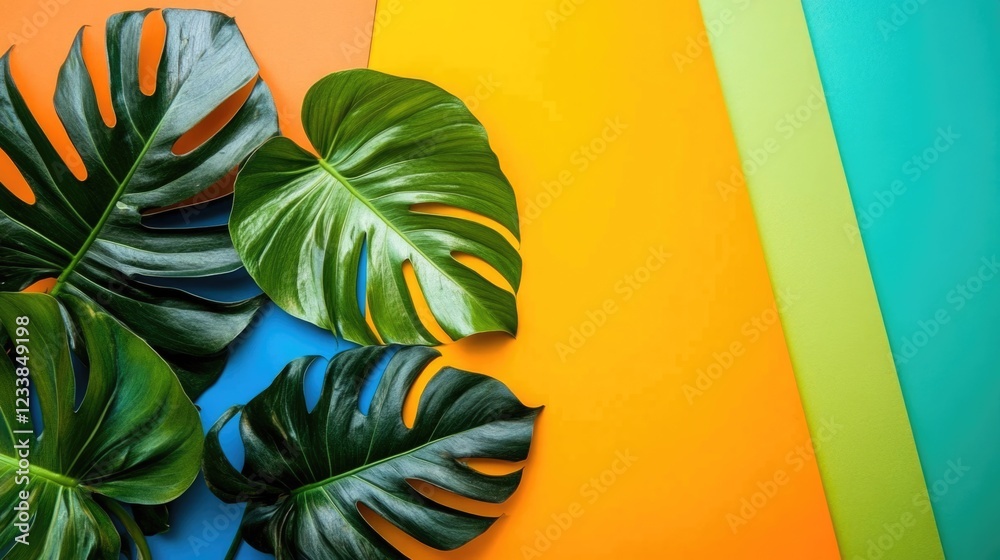 Poster Tropical Monstera Leaves on a Vibrant Background with Empty Space for Text or Design Elements