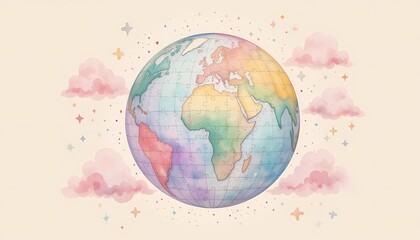 Pastel rainbow globe with clouds and stars. Global unity, peace concept.