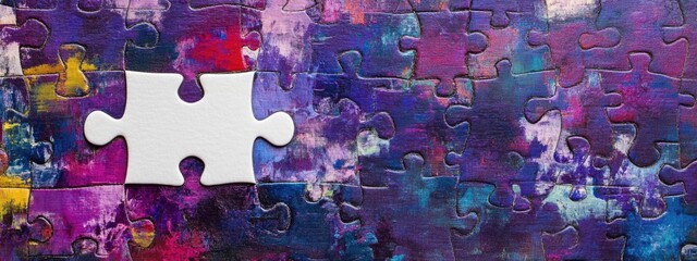 Missing puzzle piece on vibrant purple background with copy space for text highlighting creativity and problem-solving concepts.