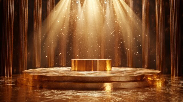 A golden royal awards podium surrounded by radiant spotlights, with premium textures and an elegant stage design